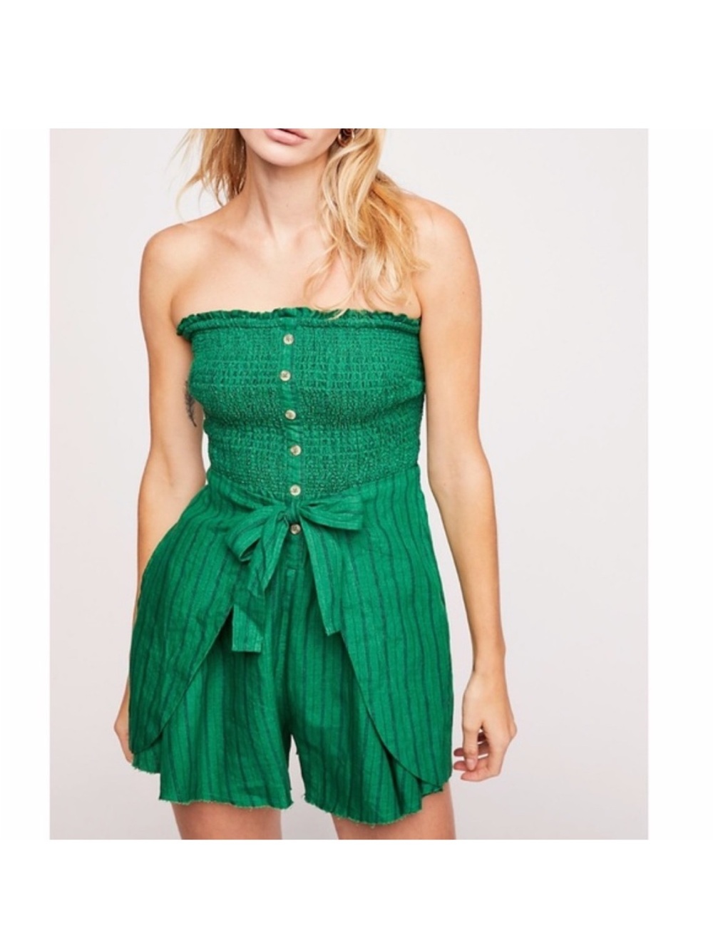 Free People Strapless Green Smocked Romper with Tie Waist